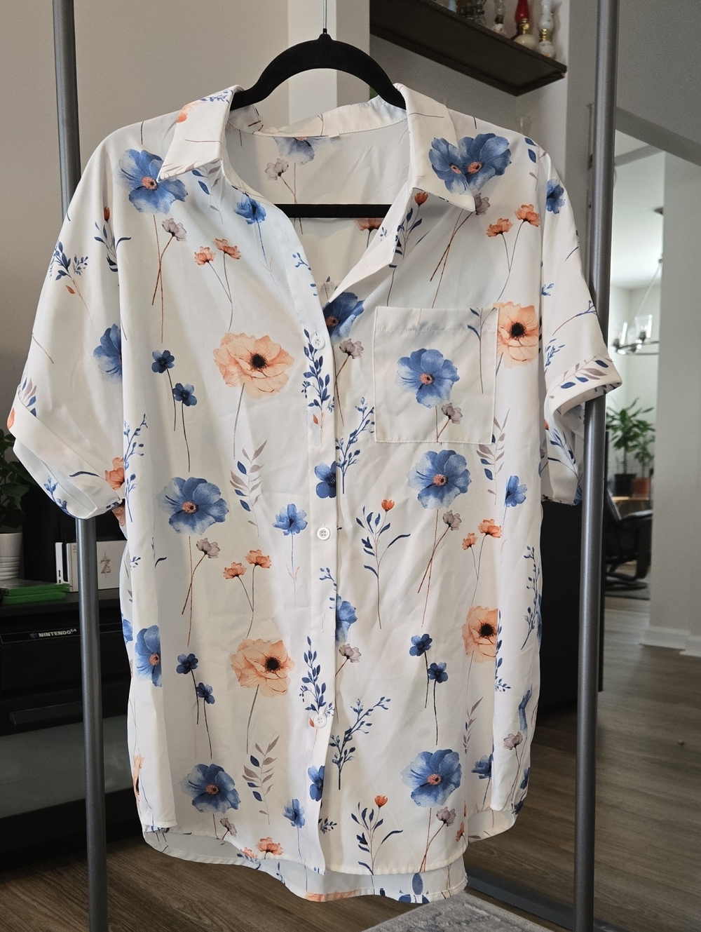 SHEIN White Button-Down Shirt with Blue & Peach Floral Print
